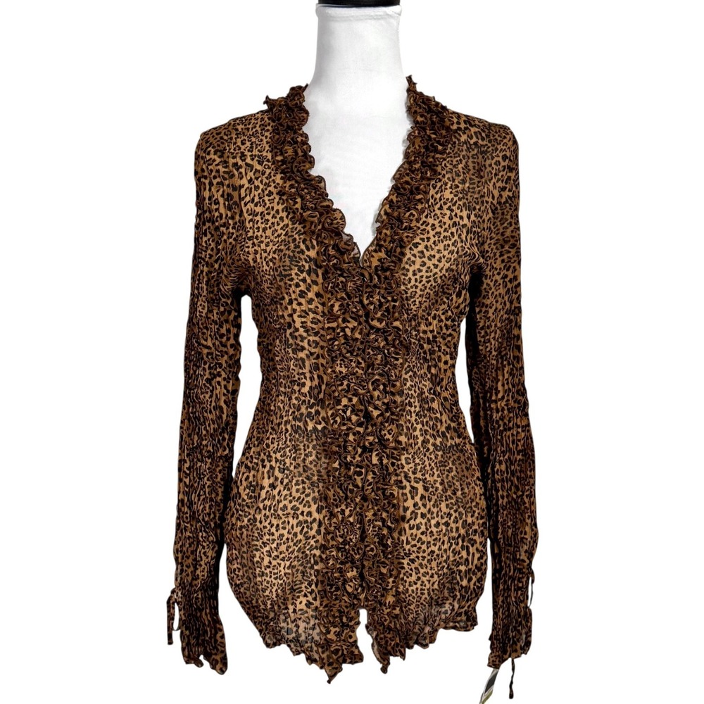 NWT Y2K INC Leopard Print Ruffle Blouse 14 Sheer Crinkle Gothic Victorian Glam
